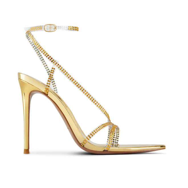 Alexandria Gold Crystal Embellished Heeled Sandals by Flor de Maria