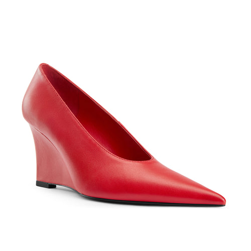 Luxury red wedge sandals with leather-covered heel, sleek pointed toe, and elegant silhouette