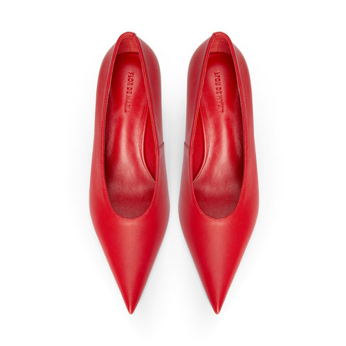 Flor de Maria pointed-toe red leather wedges, architectural heel, seamless lines