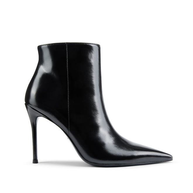 Flor de Maria Kendall ankle booties in black glazed leather with 90mm stiletto heel