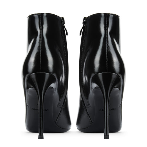 Kendall ankle booties with elongated pointed toe and high-gloss black finish