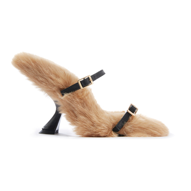 Flor de Maria CLEO black faux fur sandals with leather straps, sculptural hourglass heel, square toe, and gold buckle