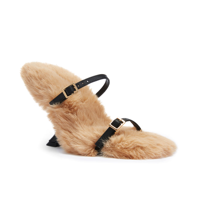 High-heeled sandals in black leather and faux fur with square toe and sculptural stiletto heel