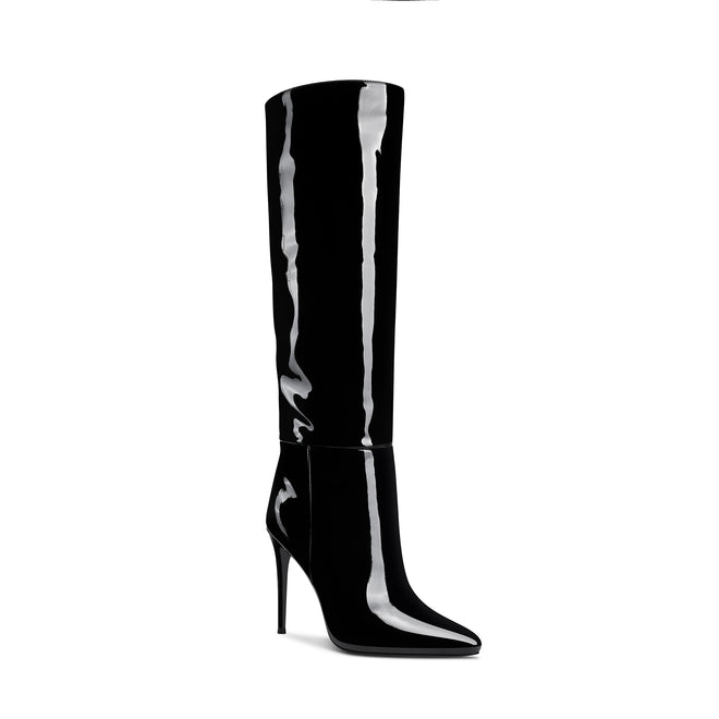 Flor de Maria Amaya Black Patent Knee High Boots with Skinny Heel