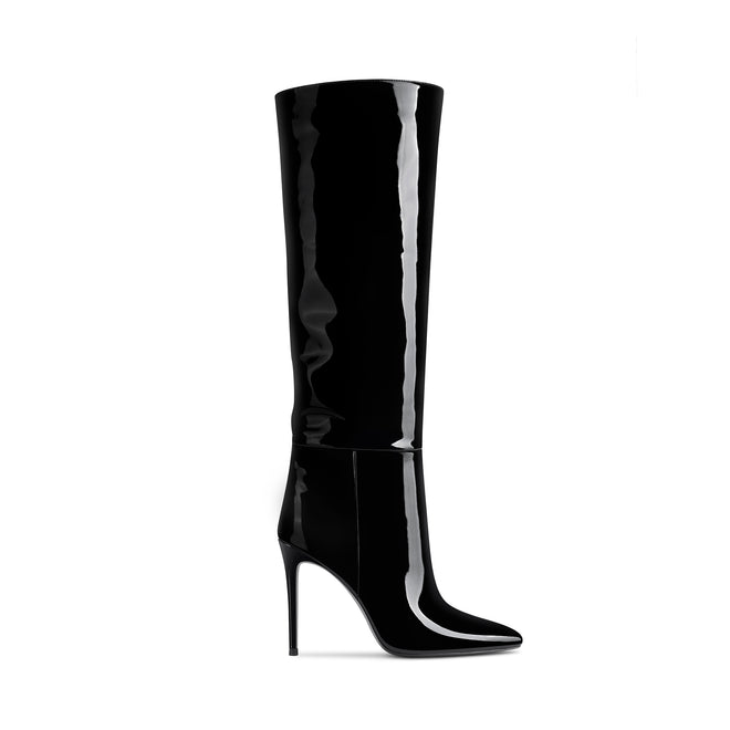 Flor de Maria Amaya Black Patent Knee High Boots with Skinny Heel