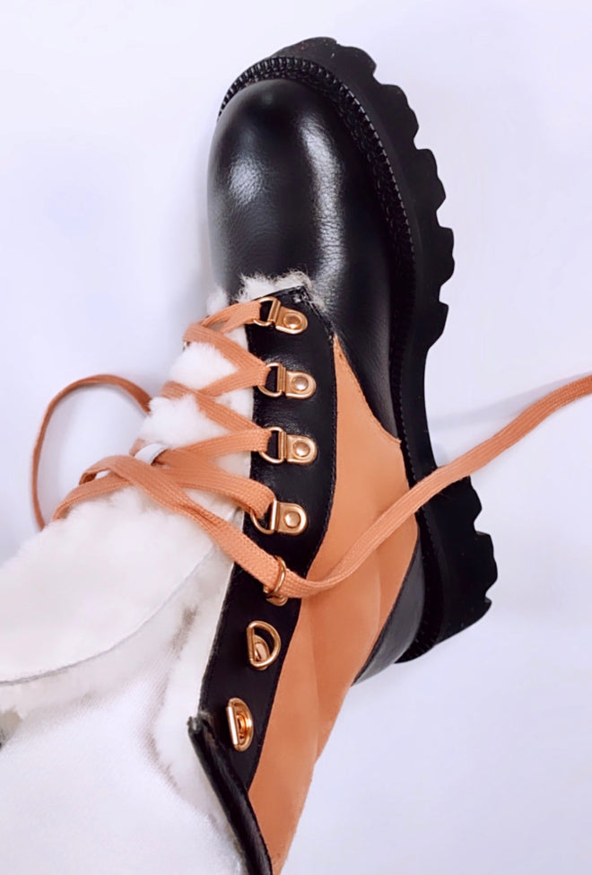 Flor de Maria DANY Shearling Women's Leather Black and Tan Color Block Combat Boot  