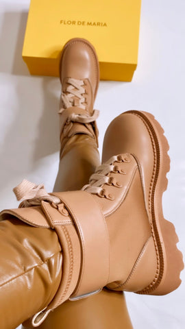 Flor de Maria Dany Tan Leather Combat Boots