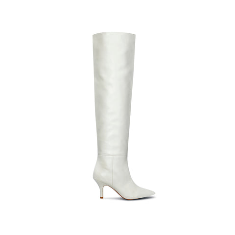 Flor de Maria Milly Off White Knee High Boot with 3 inch Short Heel