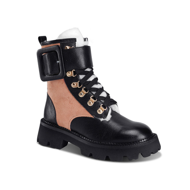 Flor de Maria DANY Shearling Women's Leather Black and Tan Color Block Combat Boot  